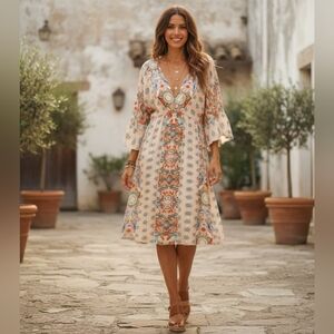 Elings Bohemian Print Midi Dress Sz Small